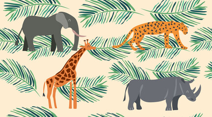 Animals pattern with tropical leaves. Vector seamless texture.
