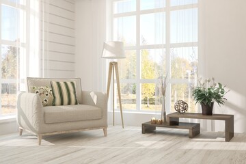 Fototapeta premium White stylish minimalist room with armchair and autumn landscape in window. Scandinavian interior design. 3D illustration