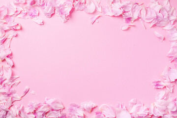Pink background with peony petals. Top view. Floral print. Abstract blooming texture. Spring concept
