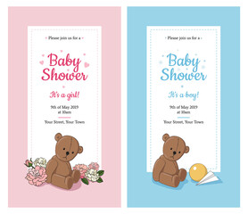 Set of Baby Shower invitations for Boy and for Girl with cute Teddy bear, stars and hearts, flowers and toys. - Vector