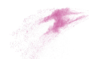 Freeze motion of pink color powder exploding on white  background. 