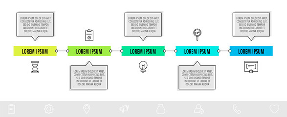 Vector infographic design with 5 boxes with arrows and icons. Flat template used for diagram, web, workflow layout, presentations, info graph, timeline, content, processes diagram. Data visualization.