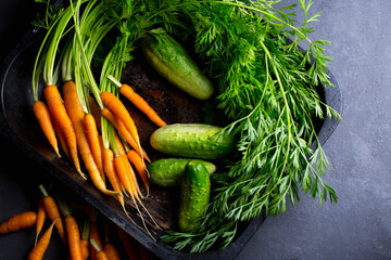 young carrots with cucumbers on a dark background, fresh vegetables from the garden - 375402238