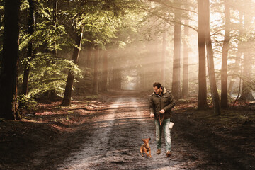 Man and his dog walking on a track in the forest. Hiking, dog school and outdoor activity concept.