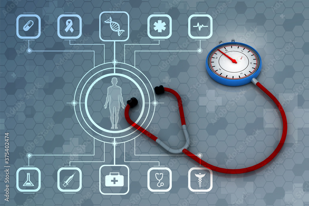 Poster 3d rendering stethoscope with stopwatch