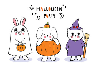 Cartoon cute Halloween day, Rabbit and Dog and cat trick or treat vector.