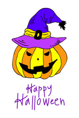 Halloween card with yellow pumpkin and lettering isolated on white background. Funny doodle art. Jack lantern in wizard hat vector illustration for card design and fall decoration.