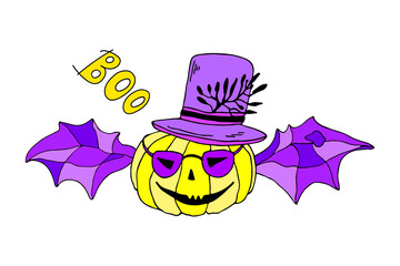 Halloween card with yellow pumpkin with wings and lettering isolated on white background. Funny doodle art. Jack lantern in wizard hat vector illustration for card design and fall decoration.