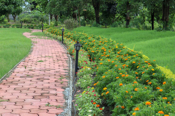 Beautiful walkway in a park with colorful flowers.
