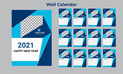 Wall calendar for 2021 year in clean minimal style. Week Starts on Sunday. Set of 12 Months.