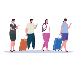 Fototapeta premium tourist people walking and stewardess in white background vector illustration design