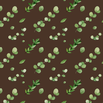Leaves on a dark background. Watercolor greeneries seamless pattern. Endless foliages and branches wallpaper.