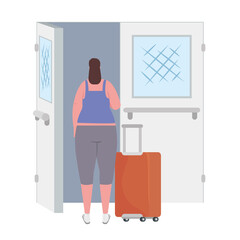 tourist woman back and baggage, facade with open door vector illustration design