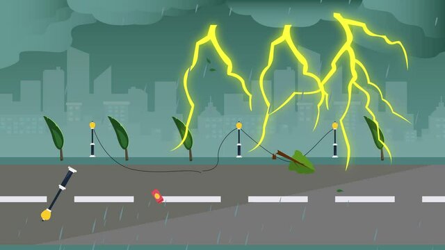 Disarray road at rainy thunderstorm