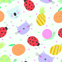 Cute animals and fruits vector repeat pattern