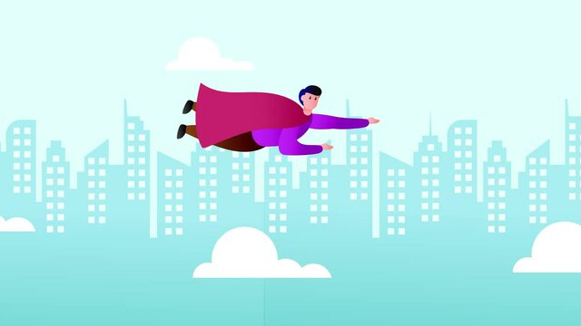 Male superhero fly over modern city with red cape