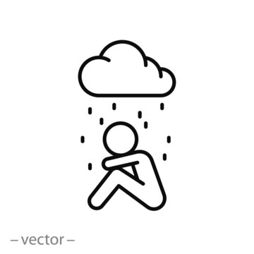 Depression Or Stress Icon, Sad And Unhappy Human, Grief Emotion Cloud, Loneliness Concept, Thin Line Web Symbol On White Background - Editable Stroke Vector Illustration Eps 10