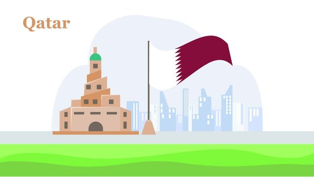 Qatar national flag with Fanar Mosque buildings