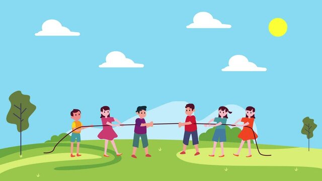 Two groups of kids playing tug of war at the park