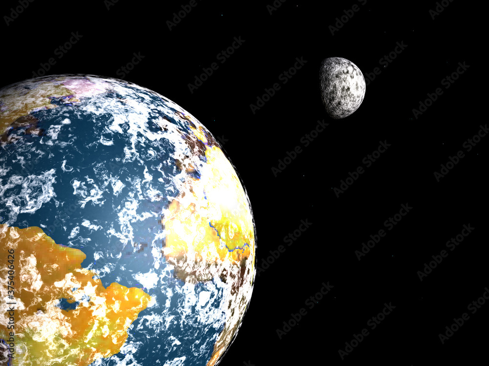 Poster dying planet and moon. 3d rendering