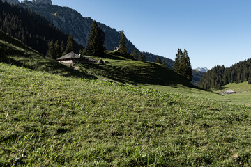 Paysage, chalet et chapelle d'alpage