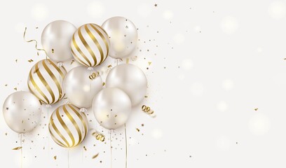 Celebration design with white helium balloons on a white. Anniversary. Happy birthday greeting card, template for sales, promotion, invitation.Vector. © Inai