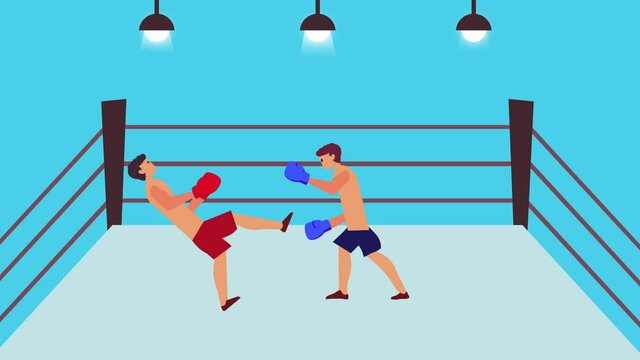 Young man making knockout his rival on the ring