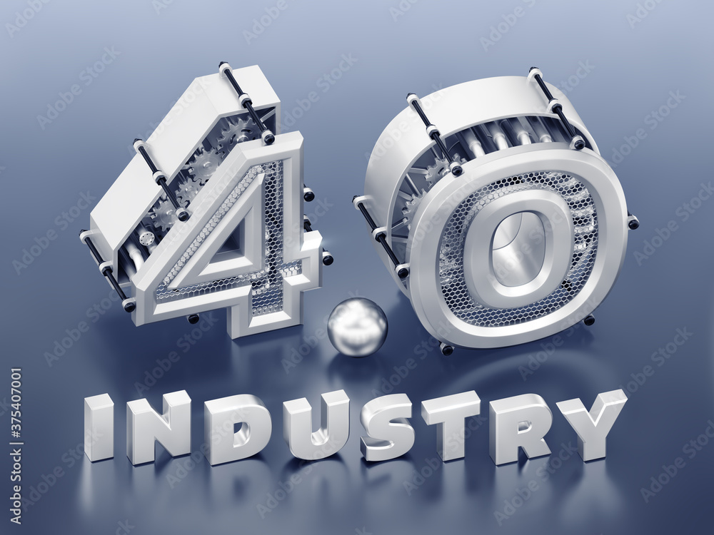 Poster «4.0 industry» typography. three-dimensional digits, which are represents abstract mechanisms compos