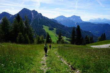 Fototapeta na wymiar Hikers girls walking on Plan de Corones, Sudtirol, Trentino Alto Adige, Dolomites, Unesco, Italy