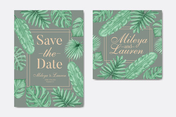 Tropical leaves wedding invitation with golden frame