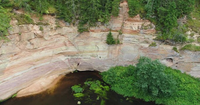 Aerial view: Outcrops of Devonian sandstone on the banks of Ahja river, Estonia