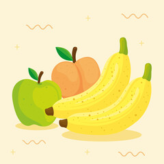 fresh fruits, apple green with banana and peach vector illustration design