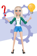 Stylish young woman creative thinking, question - idea. Vector illustration in cartoon style.