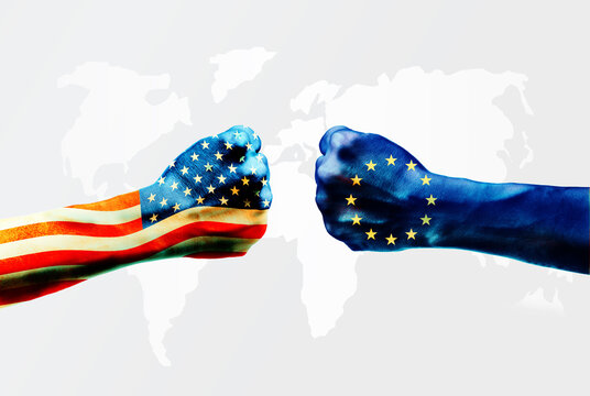 Flags of usa or United States of America and Europe or European flag on hands punch to each others on light gray world map background, USA vs Euro in Trade war concept