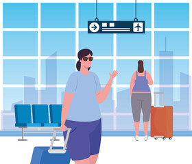 young women in the airport terminal, passenger at airport terminal with baggages vector illustration design