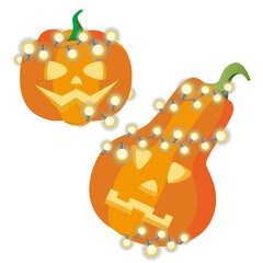 Pumpkin face with light and gerland isolated on white background as element for design, flat vector stock illustration with set or collection of pumpkins