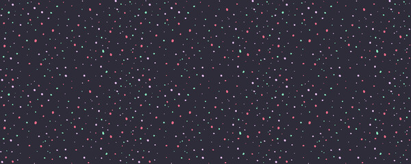 Grainy texture seamless pattern. Color pink and green dots on black background. Imitation paint splashes, pockmark. Stock illustration for web, print, textile, card, wallpaper and wrapping paper