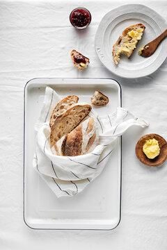 Sourdough bread with butter and jam