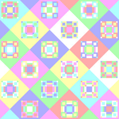 Fototapeta na wymiar Bright geometric seamless pattern with diamonds and stripes. Colorful mosaic kaleidoscope in pastel colors. Stock illustration for web and print, backgound, wallpaper, wrapping paper, textile