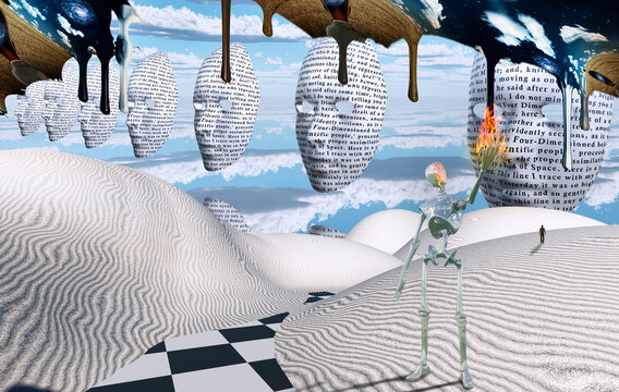 Surreal white desert. Figure of man in a distance. Masks floats in the sky. Alien holds flame in his hand. Another dimension flows down. 3D rendering