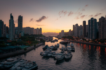 Aberdeen Harbour seen from Ap Lei Chau Bridge, In this area you will find yacht, fishing boats, houseboats, and sampans, The bay between the south coast of Hong Kong Island,