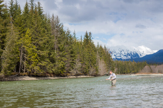 A fisherman spey casting on a mountain river in spring, in British Columbia