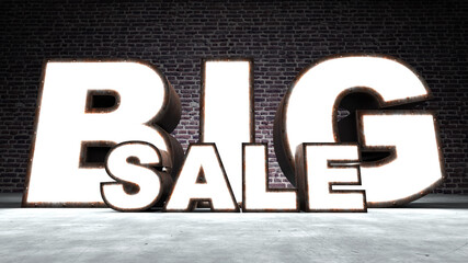 Three-dimensional Big Sale text similar to a rusty, illuminated sheet metal. The bottom is brick and concrete. 3D Render, illustration.