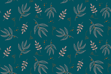 Vector elegant floral seamless pattern in natural farmhouse style with cute simple branches, flowers, leaves. Design for textiles, fabric, wallpaper, wrapping paper, homeware, home decor, web design.