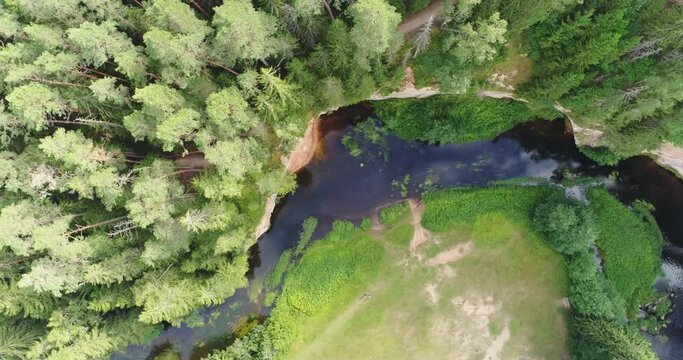 Aerial view: Outcrops of Devonian sandstone on the banks of Ahja river, Estonia