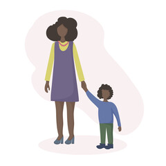 An African-American woman with dark skin is walking around holding the hand of her little son. Motherly love. The concept of family values