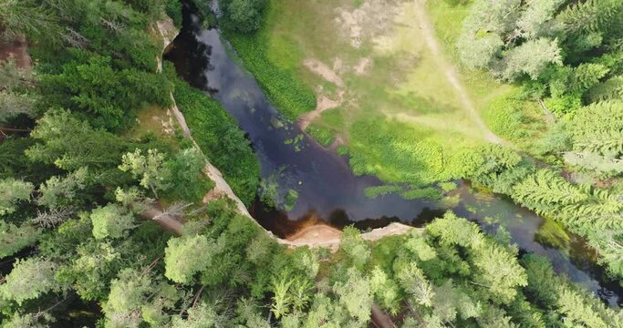 Aerial view: Outcrops of Devonian sandstone on the banks of Ahja river, Estonia