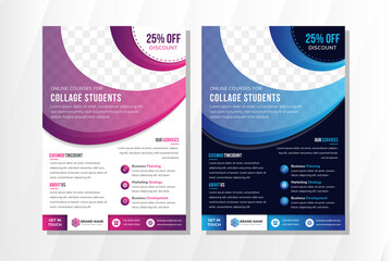 Online courses for collage students flyer design template with vertical layout. The brochure use combination white, purple, and blue gradient colors. Space for photo.  abstract colorful banner sign