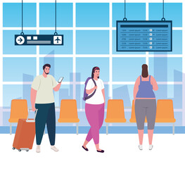 group people in the airport terminal, passengers at airport terminal with baggages vector illustration design