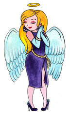 Cartoon angel girl with wings, watercolor painting. Kids illustration